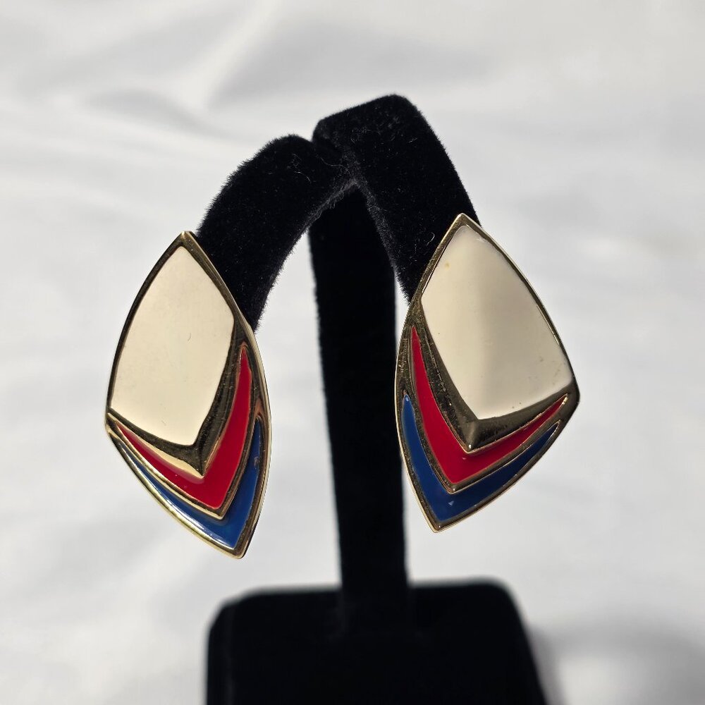 Vintage Monet Clip On Enamel Earrings Gold Tone Triangular Red, Ivory & Blue